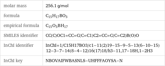 molar mass | 256.1 g/mol formula | C_15H_17BO_3 empirical formula | C_15O_3B_H_17 SMILES identifier | CC(C)OC1=CC=C(C=C1)C2=CC=C(C=C2)B(O)O InChI identifier | InChI=1/C15H17BO3/c1-11(2)19-15-9-5-13(6-10-15)12-3-7-14(8-4-12)16(17)18/h3-11, 17-18H, 1-2H3 InChI key | NBOVAIFWBASNLS-UHFFFAOYSA-N