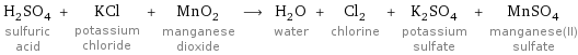 H_2SO_4 sulfuric acid + KCl potassium chloride + MnO_2 manganese dioxide ⟶ H_2O water + Cl_2 chlorine + K_2SO_4 potassium sulfate + MnSO_4 manganese(II) sulfate