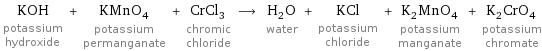 KOH potassium hydroxide + KMnO_4 potassium permanganate + CrCl_3 chromic chloride ⟶ H_2O water + KCl potassium chloride + K_2MnO_4 potassium manganate + K_2CrO_4 potassium chromate