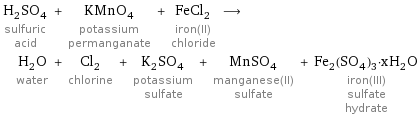 H_2SO_4 sulfuric acid + KMnO_4 potassium permanganate + FeCl_2 iron(II) chloride ⟶ H_2O water + Cl_2 chlorine + K_2SO_4 potassium sulfate + MnSO_4 manganese(II) sulfate + Fe_2(SO_4)_3·xH_2O iron(III) sulfate hydrate