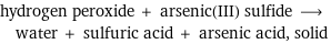 hydrogen peroxide + arsenic(III) sulfide ⟶ water + sulfuric acid + arsenic acid, solid