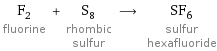 F_2 fluorine + S_8 rhombic sulfur ⟶ SF_6 sulfur hexafluoride