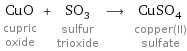 CuO cupric oxide + SO_3 sulfur trioxide ⟶ CuSO_4 copper(II) sulfate