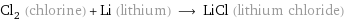 Cl_2 (chlorine) + Li (lithium) ⟶ LiCl (lithium chloride)