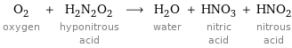 O_2 oxygen + H_2N_2O_2 hyponitrous acid ⟶ H_2O water + HNO_3 nitric acid + HNO_2 nitrous acid