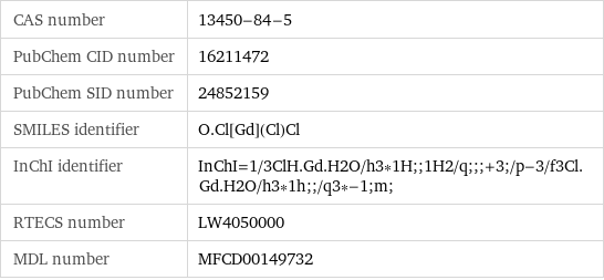 CAS number | 13450-84-5 PubChem CID number | 16211472 PubChem SID number | 24852159 SMILES identifier | O.Cl[Gd](Cl)Cl InChI identifier | InChI=1/3ClH.Gd.H2O/h3*1H;;1H2/q;;;+3;/p-3/f3Cl.Gd.H2O/h3*1h;;/q3*-1;m; RTECS number | LW4050000 MDL number | MFCD00149732