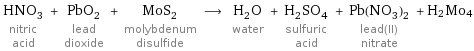 HNO_3 nitric acid + PbO_2 lead dioxide + MoS_2 molybdenum disulfide ⟶ H_2O water + H_2SO_4 sulfuric acid + Pb(NO_3)_2 lead(II) nitrate + H2Mo4