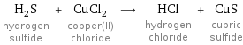 H_2S hydrogen sulfide + CuCl_2 copper(II) chloride ⟶ HCl hydrogen chloride + CuS cupric sulfide