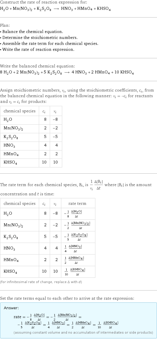 Construct the rate of reaction expression for: H_2O + Mn(NO_3)_2 + K_2S_2O_8 ⟶ HNO_3 + HMnO4 + KHSO_4 Plan: • Balance the chemical equation. • Determine the stoichiometric numbers. • Assemble the rate term for each chemical species. • Write the rate of reaction expression. Write the balanced chemical equation: 8 H_2O + 2 Mn(NO_3)_2 + 5 K_2S_2O_8 ⟶ 4 HNO_3 + 2 HMnO4 + 10 KHSO_4 Assign stoichiometric numbers, ν_i, using the stoichiometric coefficients, c_i, from the balanced chemical equation in the following manner: ν_i = -c_i for reactants and ν_i = c_i for products: chemical species | c_i | ν_i H_2O | 8 | -8 Mn(NO_3)_2 | 2 | -2 K_2S_2O_8 | 5 | -5 HNO_3 | 4 | 4 HMnO4 | 2 | 2 KHSO_4 | 10 | 10 The rate term for each chemical species, B_i, is 1/ν_i(Δ[B_i])/(Δt) where [B_i] is the amount concentration and t is time: chemical species | c_i | ν_i | rate term H_2O | 8 | -8 | -1/8 (Δ[H2O])/(Δt) Mn(NO_3)_2 | 2 | -2 | -1/2 (Δ[Mn(NO3)2])/(Δt) K_2S_2O_8 | 5 | -5 | -1/5 (Δ[K2S2O8])/(Δt) HNO_3 | 4 | 4 | 1/4 (Δ[HNO3])/(Δt) HMnO4 | 2 | 2 | 1/2 (Δ[HMnO4])/(Δt) KHSO_4 | 10 | 10 | 1/10 (Δ[KHSO4])/(Δt) (for infinitesimal rate of change, replace Δ with d) Set the rate terms equal to each other to arrive at the rate expression: Answer: |   | rate = -1/8 (Δ[H2O])/(Δt) = -1/2 (Δ[Mn(NO3)2])/(Δt) = -1/5 (Δ[K2S2O8])/(Δt) = 1/4 (Δ[HNO3])/(Δt) = 1/2 (Δ[HMnO4])/(Δt) = 1/10 (Δ[KHSO4])/(Δt) (assuming constant volume and no accumulation of intermediates or side products)