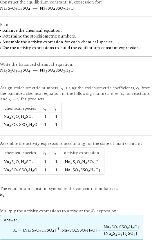 Construct the equilibrium constant, K, expression for: Na2S2O3H2SO4 ⟶ Na2SO4SSO2H2O Plan: • Balance the chemical equation. • Determine the stoichiometric numbers. • Assemble the activity expression for each chemical species. • Use the activity expressions to build the equilibrium constant expression. Write the balanced chemical equation: Na2S2O3H2SO4 ⟶ Na2SO4SSO2H2O Assign stoichiometric numbers, ν_i, using the stoichiometric coefficients, c_i, from the balanced chemical equation in the following manner: ν_i = -c_i for reactants and ν_i = c_i for products: chemical species | c_i | ν_i Na2S2O3H2SO4 | 1 | -1 Na2SO4SSO2H2O | 1 | 1 Assemble the activity expressions accounting for the state of matter and ν_i: chemical species | c_i | ν_i | activity expression Na2S2O3H2SO4 | 1 | -1 | ([Na2S2O3H2SO4])^(-1) Na2SO4SSO2H2O | 1 | 1 | [Na2SO4SSO2H2O] The equilibrium constant symbol in the concentration basis is: K_c Mulitply the activity expressions to arrive at the K_c expression: Answer: |   | K_c = ([Na2S2O3H2SO4])^(-1) [Na2SO4SSO2H2O] = ([Na2SO4SSO2H2O])/([Na2S2O3H2SO4])