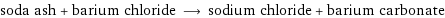 soda ash + barium chloride ⟶ sodium chloride + barium carbonate