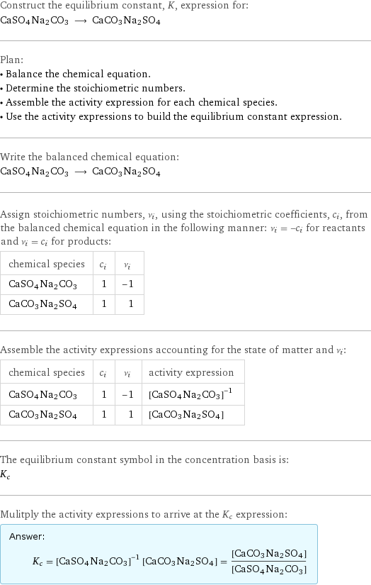 Construct the equilibrium constant, K, expression for: CaSO4Na2CO3 ⟶ CaCO3Na2SO4 Plan: • Balance the chemical equation. • Determine the stoichiometric numbers. • Assemble the activity expression for each chemical species. • Use the activity expressions to build the equilibrium constant expression. Write the balanced chemical equation: CaSO4Na2CO3 ⟶ CaCO3Na2SO4 Assign stoichiometric numbers, ν_i, using the stoichiometric coefficients, c_i, from the balanced chemical equation in the following manner: ν_i = -c_i for reactants and ν_i = c_i for products: chemical species | c_i | ν_i CaSO4Na2CO3 | 1 | -1 CaCO3Na2SO4 | 1 | 1 Assemble the activity expressions accounting for the state of matter and ν_i: chemical species | c_i | ν_i | activity expression CaSO4Na2CO3 | 1 | -1 | ([CaSO4Na2CO3])^(-1) CaCO3Na2SO4 | 1 | 1 | [CaCO3Na2SO4] The equilibrium constant symbol in the concentration basis is: K_c Mulitply the activity expressions to arrive at the K_c expression: Answer: |   | K_c = ([CaSO4Na2CO3])^(-1) [CaCO3Na2SO4] = ([CaCO3Na2SO4])/([CaSO4Na2CO3])