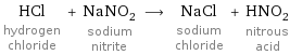 HCl hydrogen chloride + NaNO_2 sodium nitrite ⟶ NaCl sodium chloride + HNO_2 nitrous acid