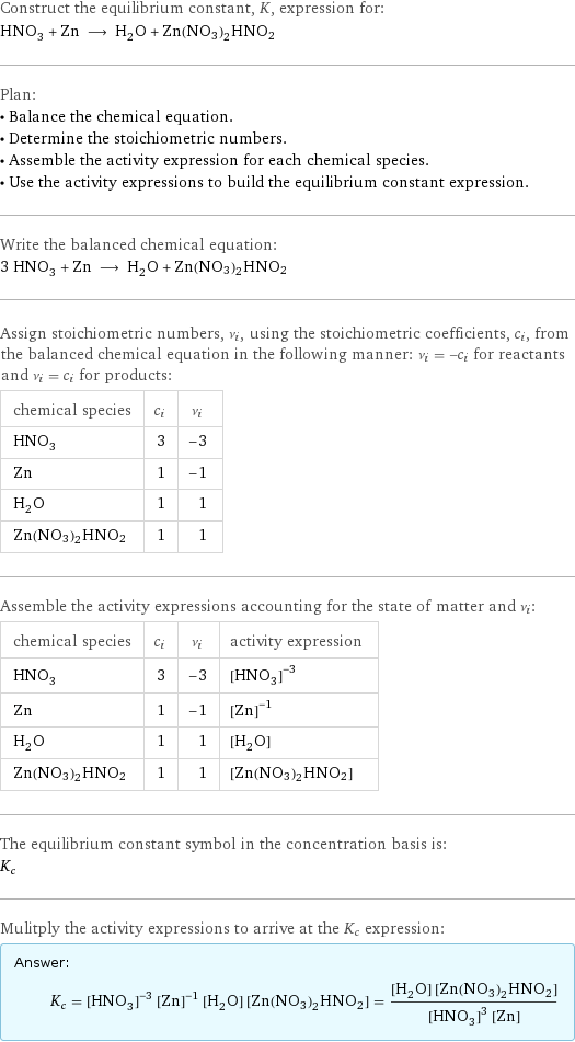 Construct the equilibrium constant, K, expression for: HNO_3 + Zn ⟶ H_2O + Zn(NO3)2HNO2 Plan: • Balance the chemical equation. • Determine the stoichiometric numbers. • Assemble the activity expression for each chemical species. • Use the activity expressions to build the equilibrium constant expression. Write the balanced chemical equation: 3 HNO_3 + Zn ⟶ H_2O + Zn(NO3)2HNO2 Assign stoichiometric numbers, ν_i, using the stoichiometric coefficients, c_i, from the balanced chemical equation in the following manner: ν_i = -c_i for reactants and ν_i = c_i for products: chemical species | c_i | ν_i HNO_3 | 3 | -3 Zn | 1 | -1 H_2O | 1 | 1 Zn(NO3)2HNO2 | 1 | 1 Assemble the activity expressions accounting for the state of matter and ν_i: chemical species | c_i | ν_i | activity expression HNO_3 | 3 | -3 | ([HNO3])^(-3) Zn | 1 | -1 | ([Zn])^(-1) H_2O | 1 | 1 | [H2O] Zn(NO3)2HNO2 | 1 | 1 | [Zn(NO3)2HNO2] The equilibrium constant symbol in the concentration basis is: K_c Mulitply the activity expressions to arrive at the K_c expression: Answer: |   | K_c = ([HNO3])^(-3) ([Zn])^(-1) [H2O] [Zn(NO3)2HNO2] = ([H2O] [Zn(NO3)2HNO2])/(([HNO3])^3 [Zn])