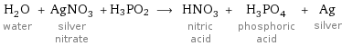 H_2O water + AgNO_3 silver nitrate + H3PO2 ⟶ HNO_3 nitric acid + H_3PO_4 phosphoric acid + Ag silver