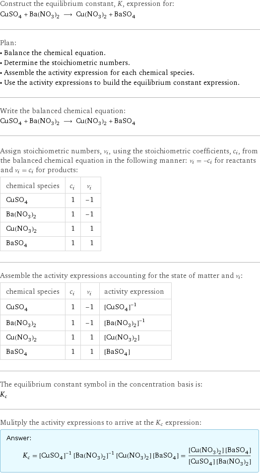 Construct the equilibrium constant, K, expression for: CuSO_4 + Ba(NO_3)_2 ⟶ Cu(NO_3)_2 + BaSO_4 Plan: • Balance the chemical equation. • Determine the stoichiometric numbers. • Assemble the activity expression for each chemical species. • Use the activity expressions to build the equilibrium constant expression. Write the balanced chemical equation: CuSO_4 + Ba(NO_3)_2 ⟶ Cu(NO_3)_2 + BaSO_4 Assign stoichiometric numbers, ν_i, using the stoichiometric coefficients, c_i, from the balanced chemical equation in the following manner: ν_i = -c_i for reactants and ν_i = c_i for products: chemical species | c_i | ν_i CuSO_4 | 1 | -1 Ba(NO_3)_2 | 1 | -1 Cu(NO_3)_2 | 1 | 1 BaSO_4 | 1 | 1 Assemble the activity expressions accounting for the state of matter and ν_i: chemical species | c_i | ν_i | activity expression CuSO_4 | 1 | -1 | ([CuSO4])^(-1) Ba(NO_3)_2 | 1 | -1 | ([Ba(NO3)2])^(-1) Cu(NO_3)_2 | 1 | 1 | [Cu(NO3)2] BaSO_4 | 1 | 1 | [BaSO4] The equilibrium constant symbol in the concentration basis is: K_c Mulitply the activity expressions to arrive at the K_c expression: Answer: |   | K_c = ([CuSO4])^(-1) ([Ba(NO3)2])^(-1) [Cu(NO3)2] [BaSO4] = ([Cu(NO3)2] [BaSO4])/([CuSO4] [Ba(NO3)2])