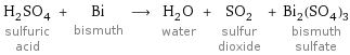 H_2SO_4 sulfuric acid + Bi bismuth ⟶ H_2O water + SO_2 sulfur dioxide + Bi_2(SO_4)_3 bismuth sulfate