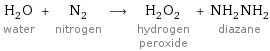 H_2O water + N_2 nitrogen ⟶ H_2O_2 hydrogen peroxide + NH_2NH_2 diazane