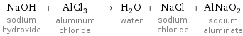 NaOH sodium hydroxide + AlCl_3 aluminum chloride ⟶ H_2O water + NaCl sodium chloride + AlNaO_2 sodium aluminate