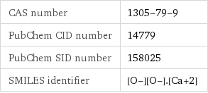CAS number | 1305-79-9 PubChem CID number | 14779 PubChem SID number | 158025 SMILES identifier | [O-][O-].[Ca+2]