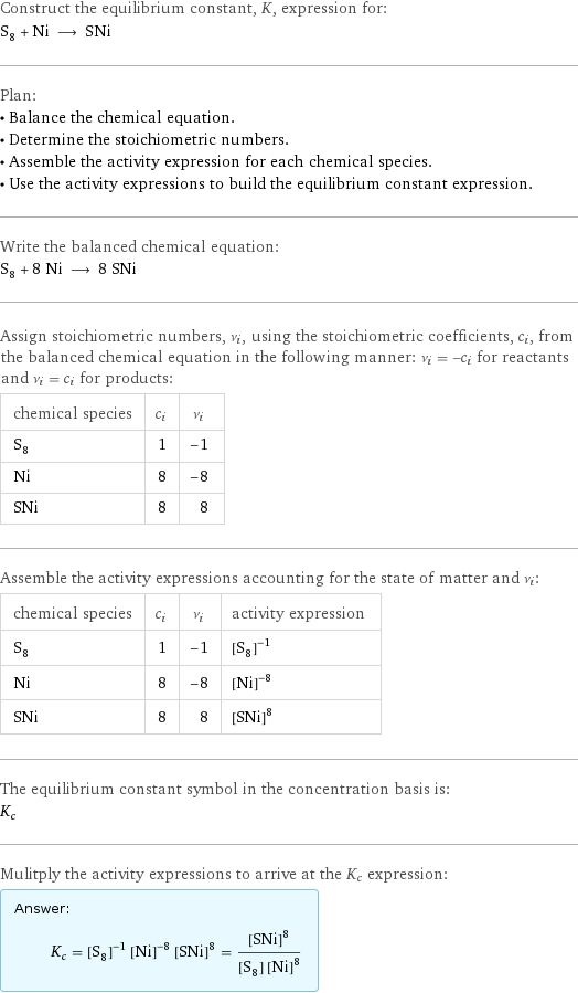 Construct the equilibrium constant, K, expression for: S_8 + Ni ⟶ SNi Plan: • Balance the chemical equation. • Determine the stoichiometric numbers. • Assemble the activity expression for each chemical species. • Use the activity expressions to build the equilibrium constant expression. Write the balanced chemical equation: S_8 + 8 Ni ⟶ 8 SNi Assign stoichiometric numbers, ν_i, using the stoichiometric coefficients, c_i, from the balanced chemical equation in the following manner: ν_i = -c_i for reactants and ν_i = c_i for products: chemical species | c_i | ν_i S_8 | 1 | -1 Ni | 8 | -8 SNi | 8 | 8 Assemble the activity expressions accounting for the state of matter and ν_i: chemical species | c_i | ν_i | activity expression S_8 | 1 | -1 | ([S8])^(-1) Ni | 8 | -8 | ([Ni])^(-8) SNi | 8 | 8 | ([S1Ni1])^8 The equilibrium constant symbol in the concentration basis is: K_c Mulitply the activity expressions to arrive at the K_c expression: Answer: |   | K_c = ([S8])^(-1) ([Ni])^(-8) ([S1Ni1])^8 = ([S1Ni1])^8/([S8] ([Ni])^8)