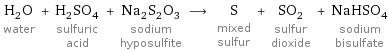 H_2O water + H_2SO_4 sulfuric acid + Na_2S_2O_3 sodium hyposulfite ⟶ S mixed sulfur + SO_2 sulfur dioxide + NaHSO_4 sodium bisulfate