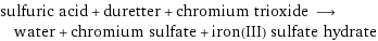 sulfuric acid + duretter + chromium trioxide ⟶ water + chromium sulfate + iron(III) sulfate hydrate