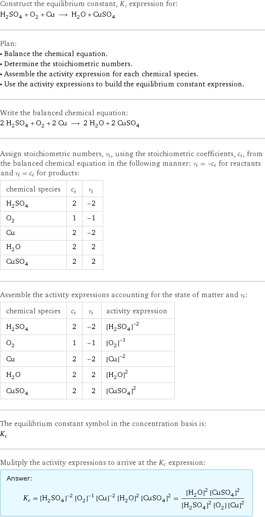 Construct the equilibrium constant, K, expression for: H_2SO_4 + O_2 + Cu ⟶ H_2O + CuSO_4 Plan: • Balance the chemical equation. • Determine the stoichiometric numbers. • Assemble the activity expression for each chemical species. • Use the activity expressions to build the equilibrium constant expression. Write the balanced chemical equation: 2 H_2SO_4 + O_2 + 2 Cu ⟶ 2 H_2O + 2 CuSO_4 Assign stoichiometric numbers, ν_i, using the stoichiometric coefficients, c_i, from the balanced chemical equation in the following manner: ν_i = -c_i for reactants and ν_i = c_i for products: chemical species | c_i | ν_i H_2SO_4 | 2 | -2 O_2 | 1 | -1 Cu | 2 | -2 H_2O | 2 | 2 CuSO_4 | 2 | 2 Assemble the activity expressions accounting for the state of matter and ν_i: chemical species | c_i | ν_i | activity expression H_2SO_4 | 2 | -2 | ([H2SO4])^(-2) O_2 | 1 | -1 | ([O2])^(-1) Cu | 2 | -2 | ([Cu])^(-2) H_2O | 2 | 2 | ([H2O])^2 CuSO_4 | 2 | 2 | ([CuSO4])^2 The equilibrium constant symbol in the concentration basis is: K_c Mulitply the activity expressions to arrive at the K_c expression: Answer: |   | K_c = ([H2SO4])^(-2) ([O2])^(-1) ([Cu])^(-2) ([H2O])^2 ([CuSO4])^2 = (([H2O])^2 ([CuSO4])^2)/(([H2SO4])^2 [O2] ([Cu])^2)