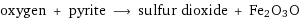 oxygen + pyrite ⟶ sulfur dioxide + Fe2O3O