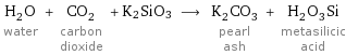 H_2O water + CO_2 carbon dioxide + K2SiO3 ⟶ K_2CO_3 pearl ash + H_2O_3Si metasilicic acid