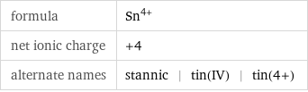 formula | Sn^(4+) net ionic charge | +4 alternate names | stannic | tin(IV) | tin(4+)