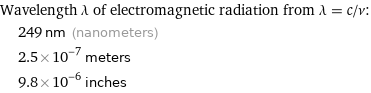 Wavelength λ of electromagnetic radiation from λ = c/ν:  | 249 nm (nanometers)  | 2.5×10^-7 meters  | 9.8×10^-6 inches