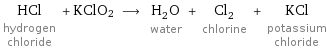 HCl hydrogen chloride + KClO2 ⟶ H_2O water + Cl_2 chlorine + KCl potassium chloride