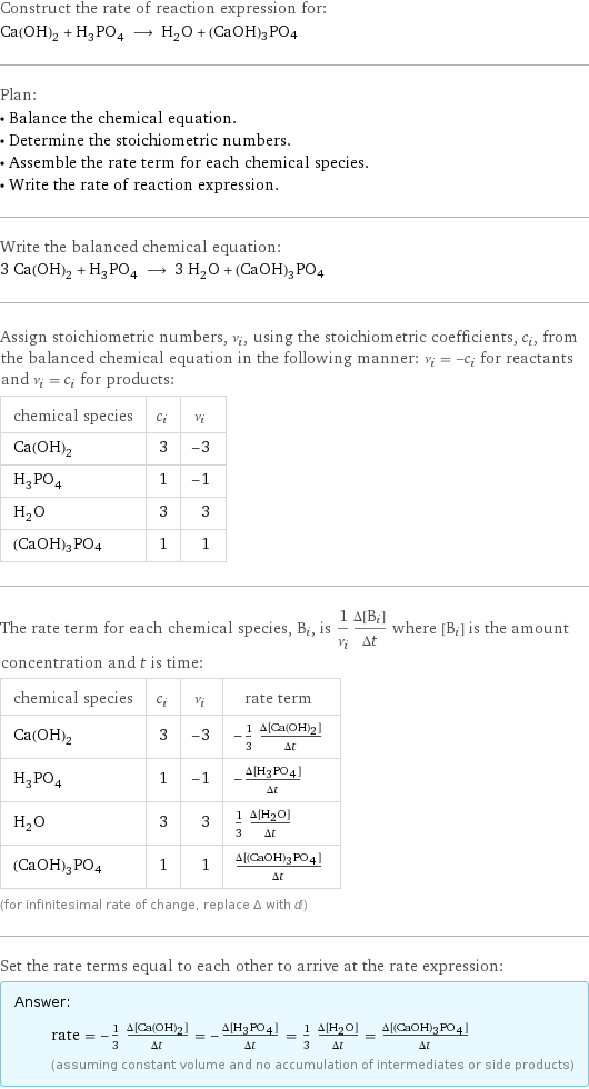Construct the rate of reaction expression for: Ca(OH)_2 + H_3PO_4 ⟶ H_2O + (CaOH)3PO4 Plan: • Balance the chemical equation. • Determine the stoichiometric numbers. • Assemble the rate term for each chemical species. • Write the rate of reaction expression. Write the balanced chemical equation: 3 Ca(OH)_2 + H_3PO_4 ⟶ 3 H_2O + (CaOH)3PO4 Assign stoichiometric numbers, ν_i, using the stoichiometric coefficients, c_i, from the balanced chemical equation in the following manner: ν_i = -c_i for reactants and ν_i = c_i for products: chemical species | c_i | ν_i Ca(OH)_2 | 3 | -3 H_3PO_4 | 1 | -1 H_2O | 3 | 3 (CaOH)3PO4 | 1 | 1 The rate term for each chemical species, B_i, is 1/ν_i(Δ[B_i])/(Δt) where [B_i] is the amount concentration and t is time: chemical species | c_i | ν_i | rate term Ca(OH)_2 | 3 | -3 | -1/3 (Δ[Ca(OH)2])/(Δt) H_3PO_4 | 1 | -1 | -(Δ[H3PO4])/(Δt) H_2O | 3 | 3 | 1/3 (Δ[H2O])/(Δt) (CaOH)3PO4 | 1 | 1 | (Δ[(CaOH)3PO4])/(Δt) (for infinitesimal rate of change, replace Δ with d) Set the rate terms equal to each other to arrive at the rate expression: Answer: |   | rate = -1/3 (Δ[Ca(OH)2])/(Δt) = -(Δ[H3PO4])/(Δt) = 1/3 (Δ[H2O])/(Δt) = (Δ[(CaOH)3PO4])/(Δt) (assuming constant volume and no accumulation of intermediates or side products)