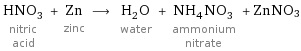 HNO_3 nitric acid + Zn zinc ⟶ H_2O water + NH_4NO_3 ammonium nitrate + ZnNO3