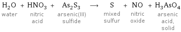 H_2O water + HNO_3 nitric acid + As_2S_3 arsenic(III) sulfide ⟶ S mixed sulfur + NO nitric oxide + H_3AsO_4 arsenic acid, solid