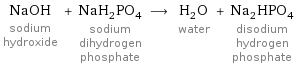 NaOH sodium hydroxide + NaH_2PO_4 sodium dihydrogen phosphate ⟶ H_2O water + Na_2HPO_4 disodium hydrogen phosphate