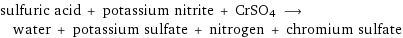 sulfuric acid + potassium nitrite + CrSO4 ⟶ water + potassium sulfate + nitrogen + chromium sulfate