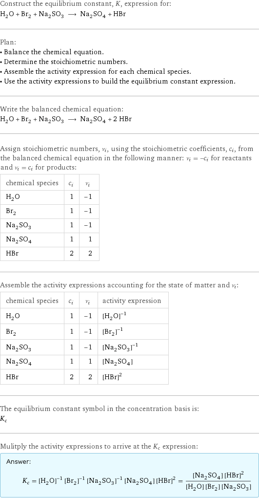 Construct the equilibrium constant, K, expression for: H_2O + Br_2 + Na_2SO_3 ⟶ Na_2SO_4 + HBr Plan: • Balance the chemical equation. • Determine the stoichiometric numbers. • Assemble the activity expression for each chemical species. • Use the activity expressions to build the equilibrium constant expression. Write the balanced chemical equation: H_2O + Br_2 + Na_2SO_3 ⟶ Na_2SO_4 + 2 HBr Assign stoichiometric numbers, ν_i, using the stoichiometric coefficients, c_i, from the balanced chemical equation in the following manner: ν_i = -c_i for reactants and ν_i = c_i for products: chemical species | c_i | ν_i H_2O | 1 | -1 Br_2 | 1 | -1 Na_2SO_3 | 1 | -1 Na_2SO_4 | 1 | 1 HBr | 2 | 2 Assemble the activity expressions accounting for the state of matter and ν_i: chemical species | c_i | ν_i | activity expression H_2O | 1 | -1 | ([H2O])^(-1) Br_2 | 1 | -1 | ([Br2])^(-1) Na_2SO_3 | 1 | -1 | ([Na2SO3])^(-1) Na_2SO_4 | 1 | 1 | [Na2SO4] HBr | 2 | 2 | ([HBr])^2 The equilibrium constant symbol in the concentration basis is: K_c Mulitply the activity expressions to arrive at the K_c expression: Answer: |   | K_c = ([H2O])^(-1) ([Br2])^(-1) ([Na2SO3])^(-1) [Na2SO4] ([HBr])^2 = ([Na2SO4] ([HBr])^2)/([H2O] [Br2] [Na2SO3])