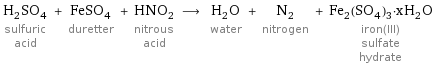 H_2SO_4 sulfuric acid + FeSO_4 duretter + HNO_2 nitrous acid ⟶ H_2O water + N_2 nitrogen + Fe_2(SO_4)_3·xH_2O iron(III) sulfate hydrate