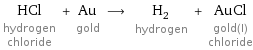HCl hydrogen chloride + Au gold ⟶ H_2 hydrogen + AuCl gold(I) chloride