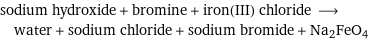 sodium hydroxide + bromine + iron(III) chloride ⟶ water + sodium chloride + sodium bromide + Na2FeO4