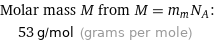 Molar mass M from M = m_mN_A:  | 53 g/mol (grams per mole)