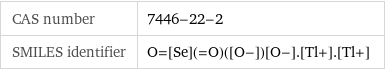 CAS number | 7446-22-2 SMILES identifier | O=[Se](=O)([O-])[O-].[Tl+].[Tl+]