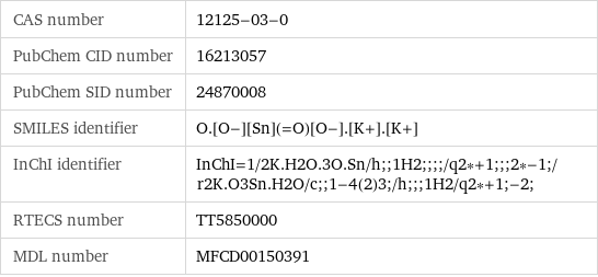 CAS number | 12125-03-0 PubChem CID number | 16213057 PubChem SID number | 24870008 SMILES identifier | O.[O-][Sn](=O)[O-].[K+].[K+] InChI identifier | InChI=1/2K.H2O.3O.Sn/h;;1H2;;;;/q2*+1;;;2*-1;/r2K.O3Sn.H2O/c;;1-4(2)3;/h;;;1H2/q2*+1;-2; RTECS number | TT5850000 MDL number | MFCD00150391