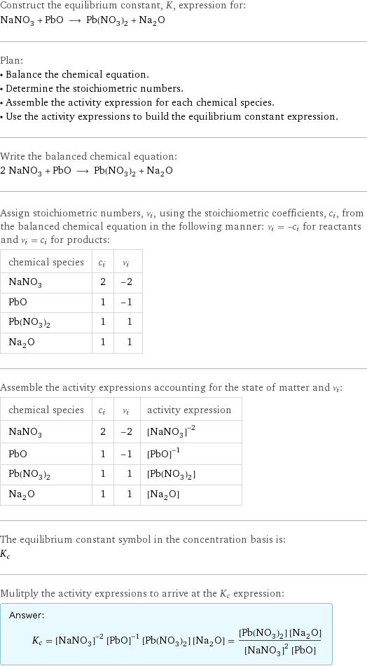 Construct the equilibrium constant, K, expression for: NaNO_3 + PbO ⟶ Pb(NO_3)_2 + Na_2O Plan: • Balance the chemical equation. • Determine the stoichiometric numbers. • Assemble the activity expression for each chemical species. • Use the activity expressions to build the equilibrium constant expression. Write the balanced chemical equation: 2 NaNO_3 + PbO ⟶ Pb(NO_3)_2 + Na_2O Assign stoichiometric numbers, ν_i, using the stoichiometric coefficients, c_i, from the balanced chemical equation in the following manner: ν_i = -c_i for reactants and ν_i = c_i for products: chemical species | c_i | ν_i NaNO_3 | 2 | -2 PbO | 1 | -1 Pb(NO_3)_2 | 1 | 1 Na_2O | 1 | 1 Assemble the activity expressions accounting for the state of matter and ν_i: chemical species | c_i | ν_i | activity expression NaNO_3 | 2 | -2 | ([NaNO3])^(-2) PbO | 1 | -1 | ([PbO])^(-1) Pb(NO_3)_2 | 1 | 1 | [Pb(NO3)2] Na_2O | 1 | 1 | [Na2O] The equilibrium constant symbol in the concentration basis is: K_c Mulitply the activity expressions to arrive at the K_c expression: Answer: |   | K_c = ([NaNO3])^(-2) ([PbO])^(-1) [Pb(NO3)2] [Na2O] = ([Pb(NO3)2] [Na2O])/(([NaNO3])^2 [PbO])