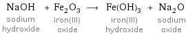 NaOH sodium hydroxide + Fe_2O_3 iron(III) oxide ⟶ Fe(OH)_3 iron(III) hydroxide + Na_2O sodium oxide