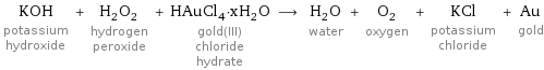 KOH potassium hydroxide + H_2O_2 hydrogen peroxide + HAuCl_4·xH_2O gold(III) chloride hydrate ⟶ H_2O water + O_2 oxygen + KCl potassium chloride + Au gold