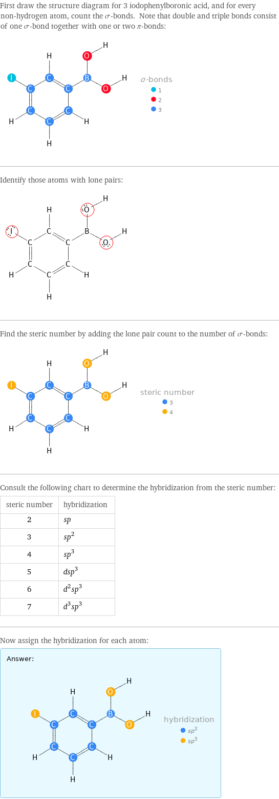 First draw the structure diagram for 3 iodophenylboronic acid, and for every non-hydrogen atom, count the σ-bonds. Note that double and triple bonds consist of one σ-bond together with one or two π-bonds:  Identify those atoms with lone pairs:  Find the steric number by adding the lone pair count to the number of σ-bonds:  Consult the following chart to determine the hybridization from the steric number: steric number | hybridization 2 | sp 3 | sp^2 4 | sp^3 5 | dsp^3 6 | d^2sp^3 7 | d^3sp^3 Now assign the hybridization for each atom: Answer: |   | 