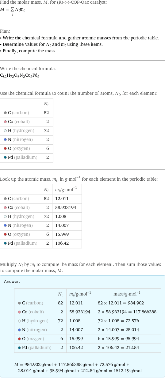 Find the molar mass, M, for (R)-(-)-COP-Oac catalyst: M = sum _iN_im_i Plan: • Write the chemical formula and gather atomic masses from the periodic table. • Determine values for N_i and m_i using these items. • Finally, compute the mass. Write the chemical formula: C_82H_72O_6N_2Co_2Pd_2 Use the chemical formula to count the number of atoms, N_i, for each element:  | N_i  C (carbon) | 82  Co (cobalt) | 2  H (hydrogen) | 72  N (nitrogen) | 2  O (oxygen) | 6  Pd (palladium) | 2 Look up the atomic mass, m_i, in g·mol^(-1) for each element in the periodic table:  | N_i | m_i/g·mol^(-1)  C (carbon) | 82 | 12.011  Co (cobalt) | 2 | 58.933194  H (hydrogen) | 72 | 1.008  N (nitrogen) | 2 | 14.007  O (oxygen) | 6 | 15.999  Pd (palladium) | 2 | 106.42 Multiply N_i by m_i to compute the mass for each element. Then sum those values to compute the molar mass, M: Answer: |   | | N_i | m_i/g·mol^(-1) | mass/g·mol^(-1)  C (carbon) | 82 | 12.011 | 82 × 12.011 = 984.902  Co (cobalt) | 2 | 58.933194 | 2 × 58.933194 = 117.866388  H (hydrogen) | 72 | 1.008 | 72 × 1.008 = 72.576  N (nitrogen) | 2 | 14.007 | 2 × 14.007 = 28.014  O (oxygen) | 6 | 15.999 | 6 × 15.999 = 95.994  Pd (palladium) | 2 | 106.42 | 2 × 106.42 = 212.84  M = 984.902 g/mol + 117.866388 g/mol + 72.576 g/mol + 28.014 g/mol + 95.994 g/mol + 212.84 g/mol = 1512.19 g/mol